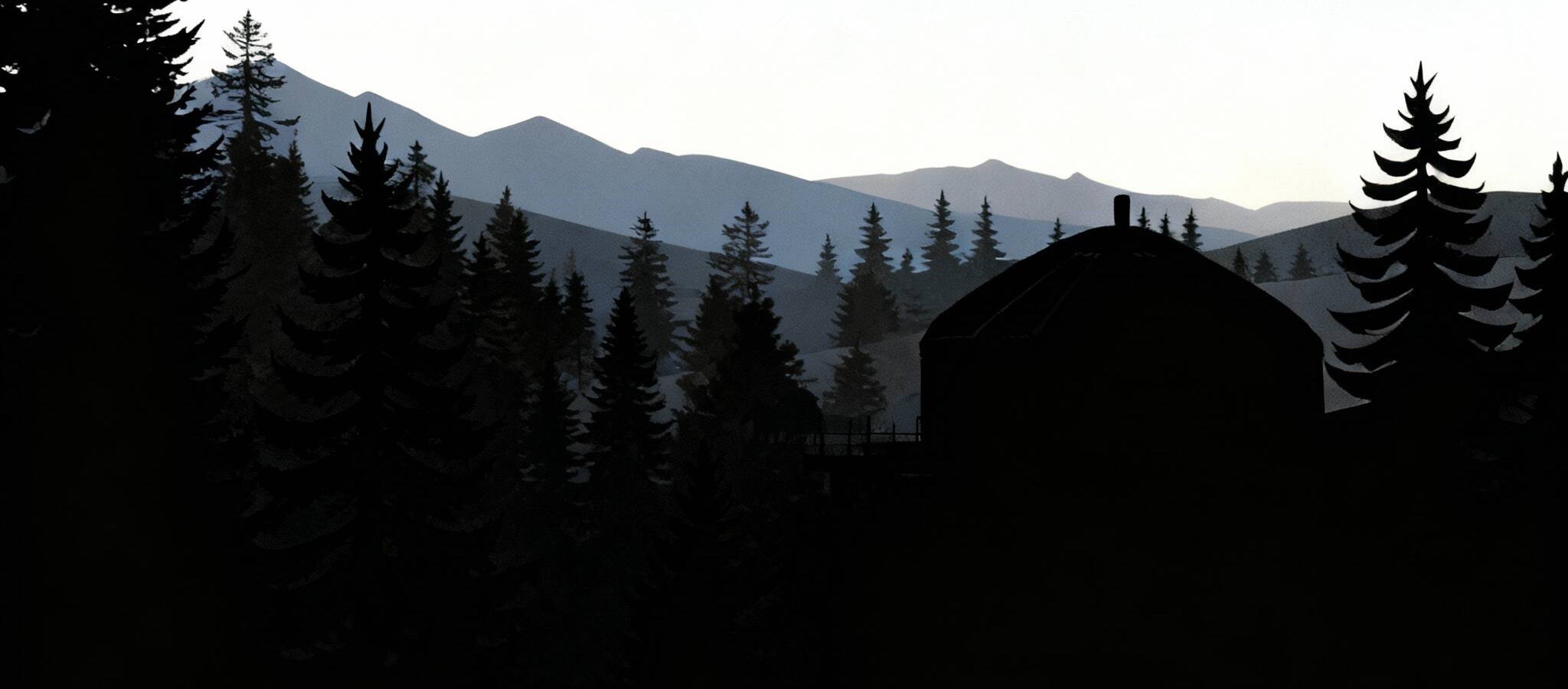 Firs and a yurt in silhouette at dusk, with blue mountains behind