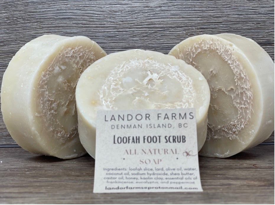 Three round cream Loofah Foot Scrub bars showing loofah fibres, with a Landor Farms label, on a wood backdrop